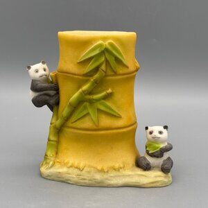 Vintage Panda Bear Bamboo Planter Vase 5" Art Pottery Figurine Asian Style Decor